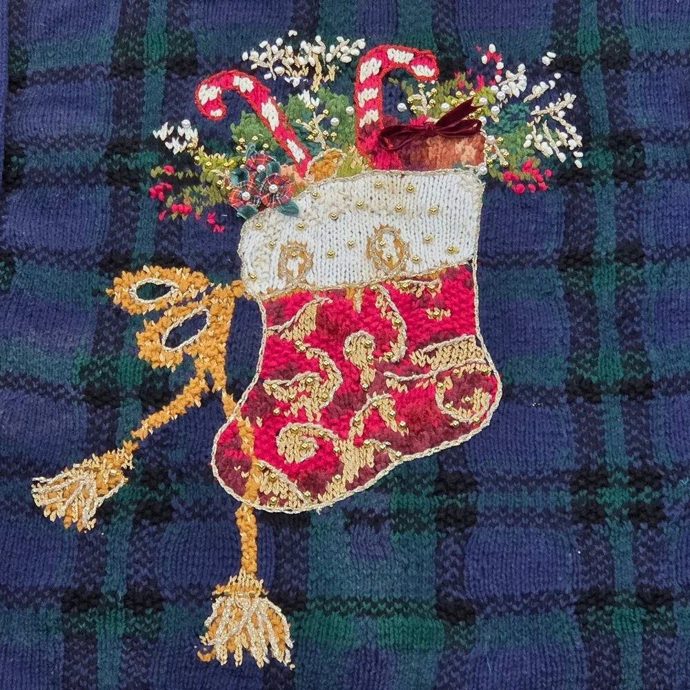VTG Heirloom Collectibles Ugly Christmas Sweater Women Medium Plaid‎ Stocking